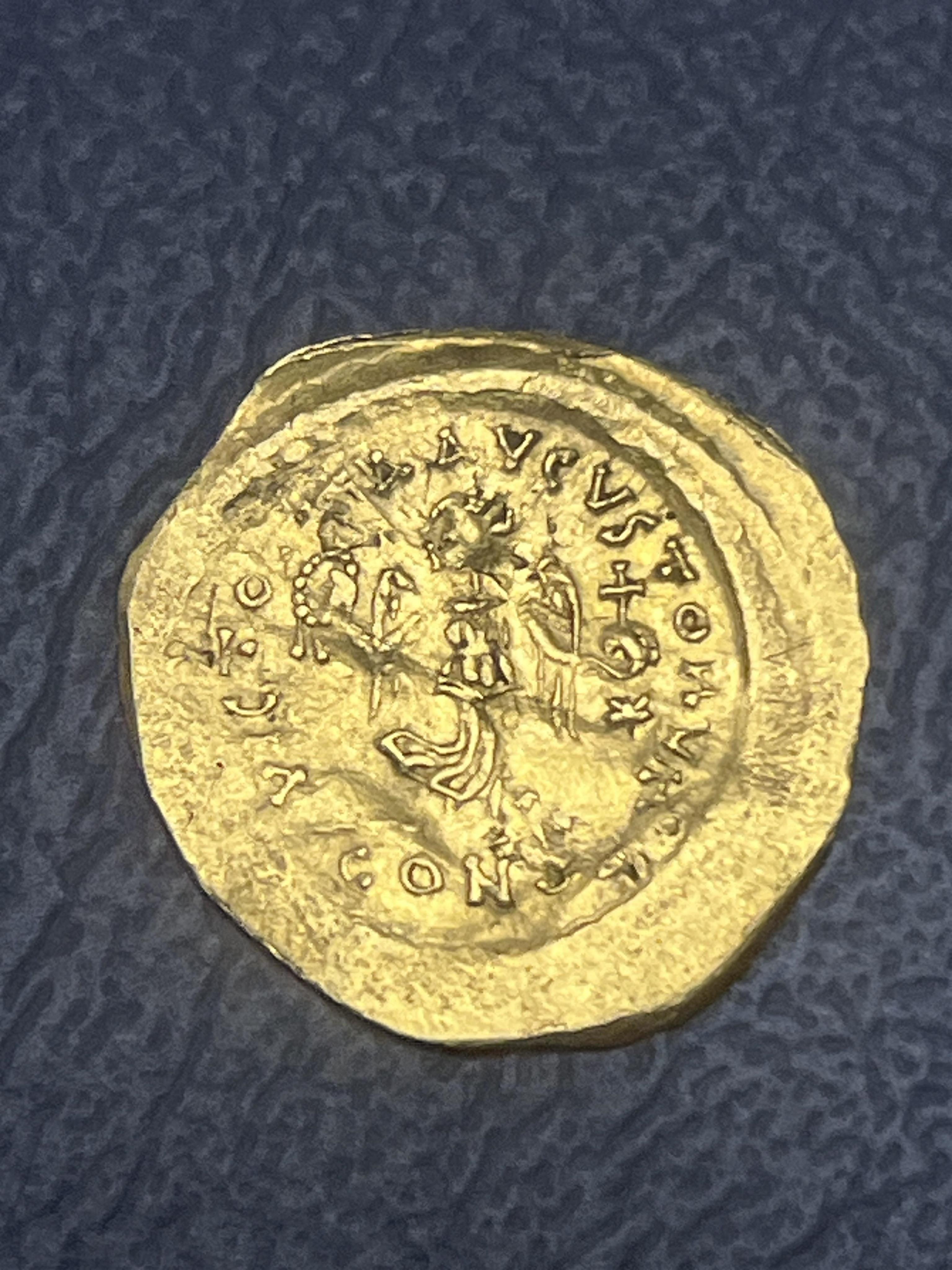 Ancient Coins, Byzantine, Justinian I (527-565 CE), gold Tremissis, obv. draped bust, rev. Victory advancing, Constantinople Mint, F, approx 1.46g